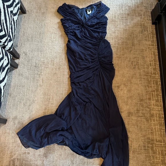 Tadashi Shoji Twisted Shoulder Mermaid Gown Indigo - Picture 2 of 5